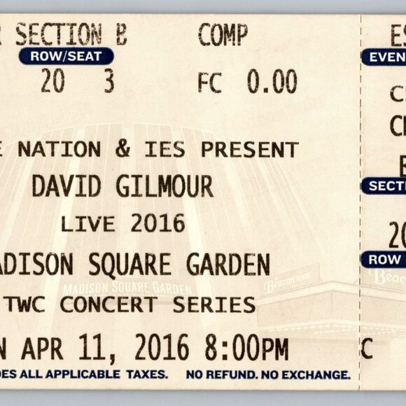 David Gilmour Live 2016 Concert Ticket Madison Square Garden - Picture 1 of 2